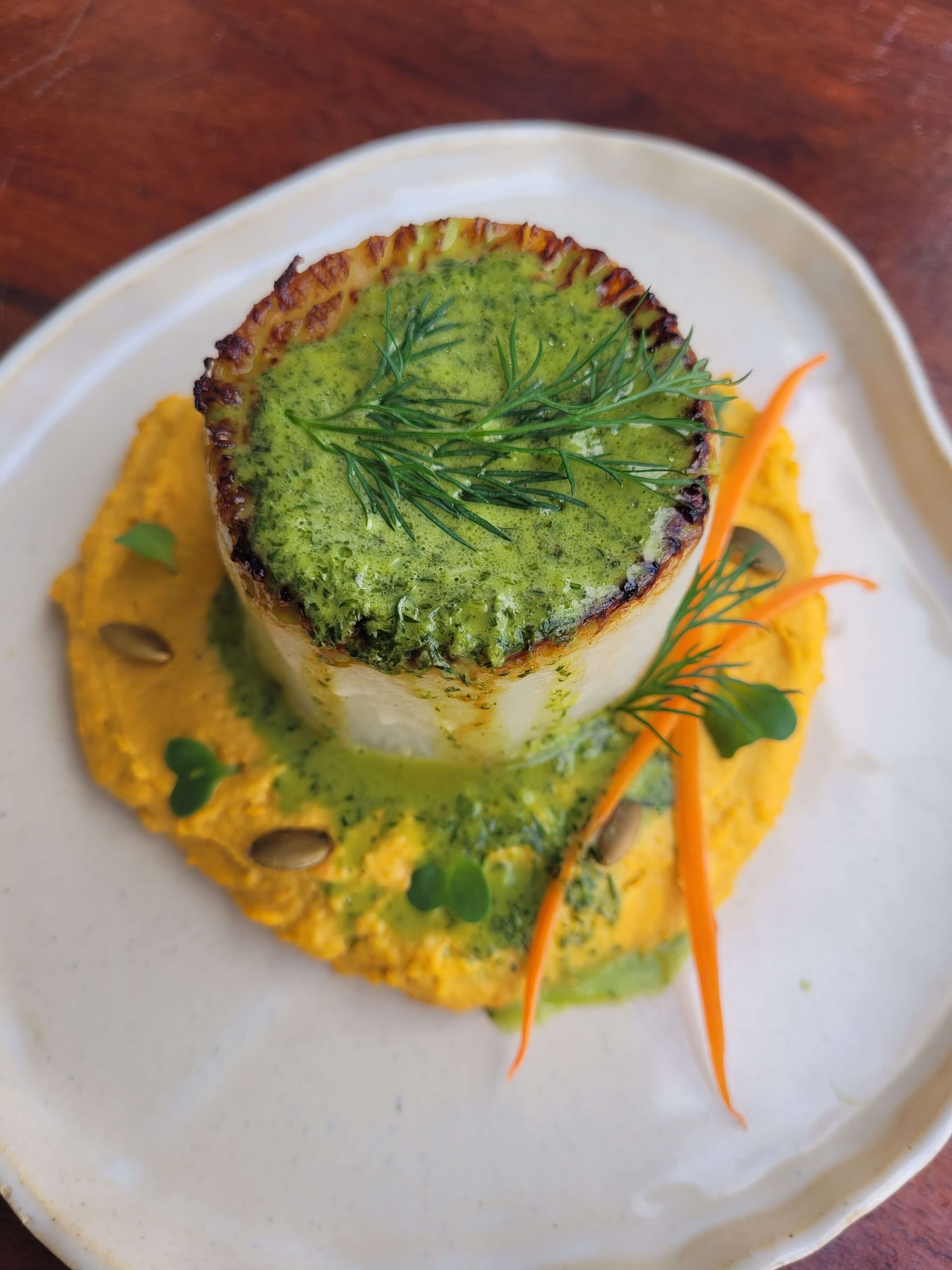 Seared Daikon with Carrot Aji Amarillo Puree and Dill Vinaigrette